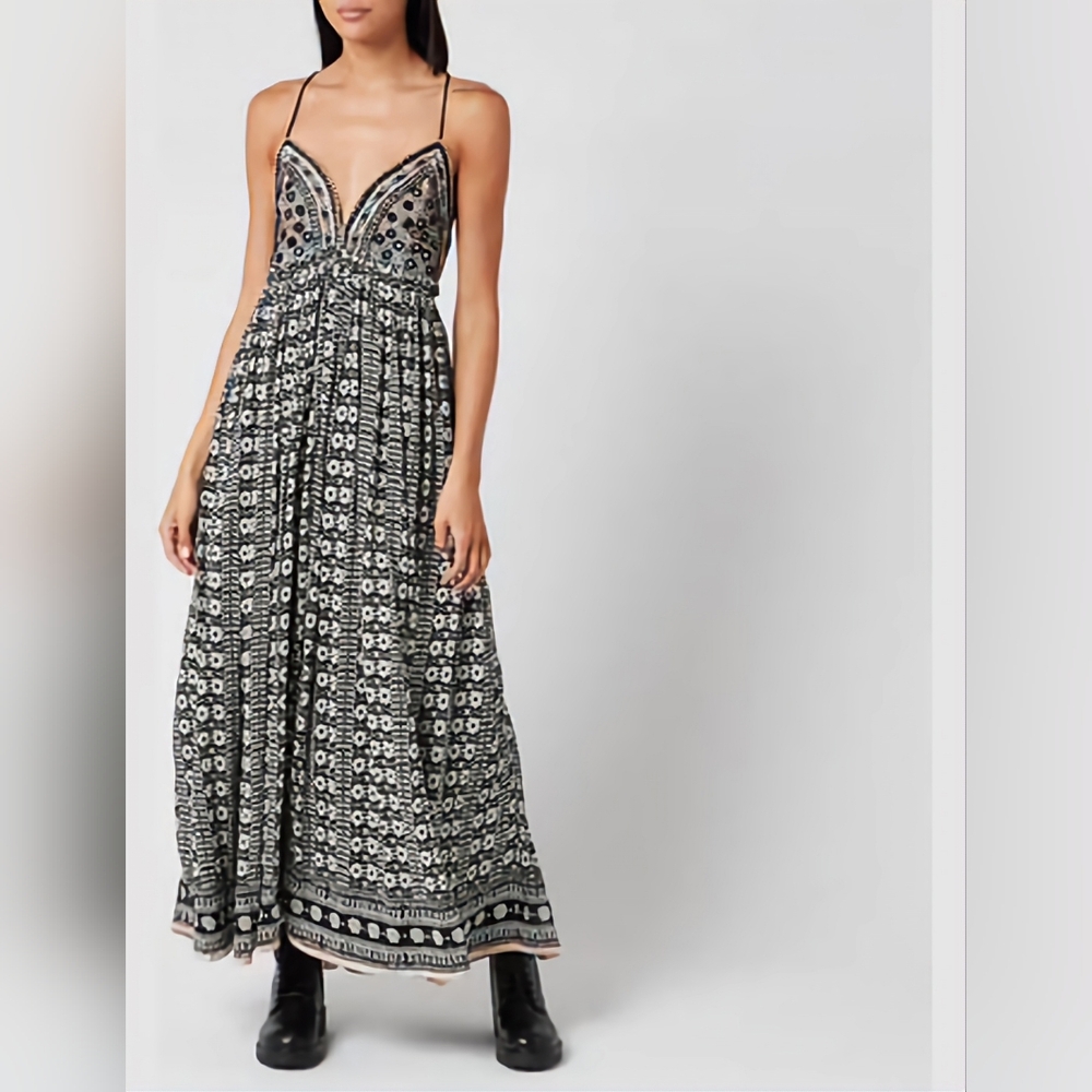 Free People Good Vibes Embroidered Cotton Long Maxi DRESS One Size - Picture 12 of 14